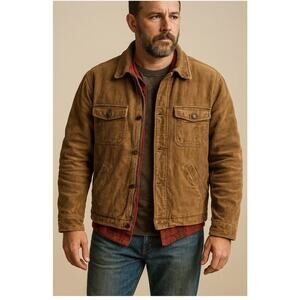 VTG Ruff Hewn Brown Corduroy Barn Chore Field Coat Jacket L Trucker Red Lined